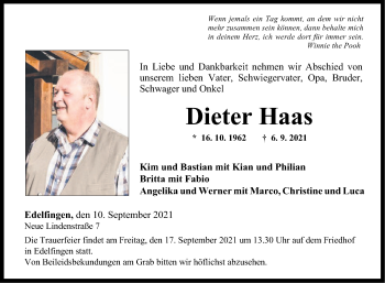 Traueranzeige von Dieter Haas 