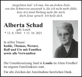 Traueranzeige von Alberta Schad von Fränkische Nachrichten