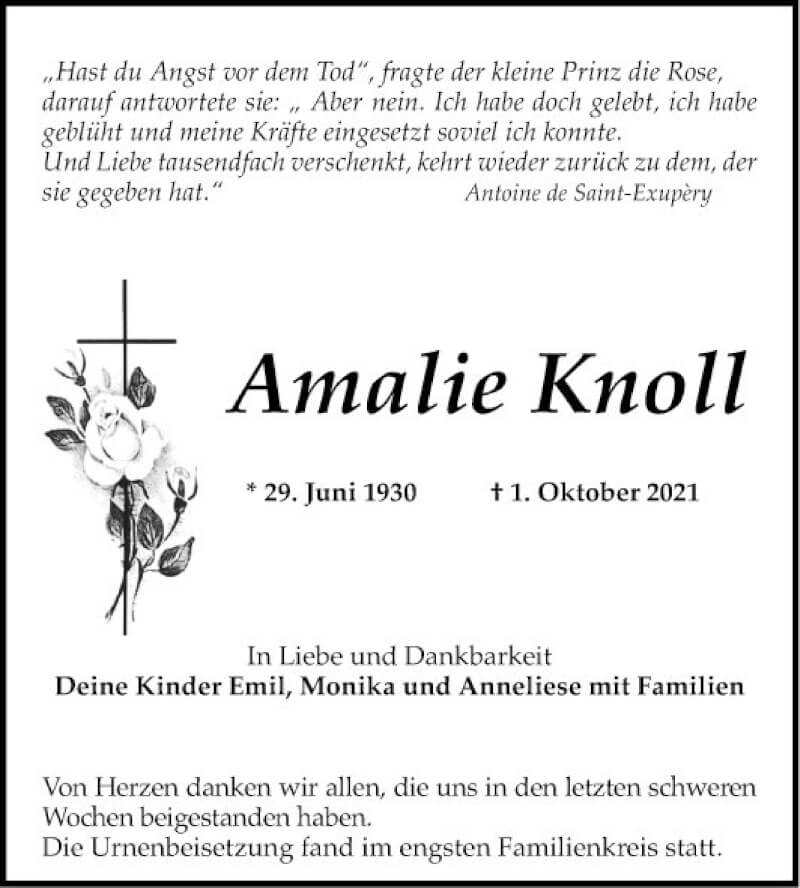  Traueranzeige für Amalie Knoll vom 30.10.2021 aus Mannheimer Morgen
