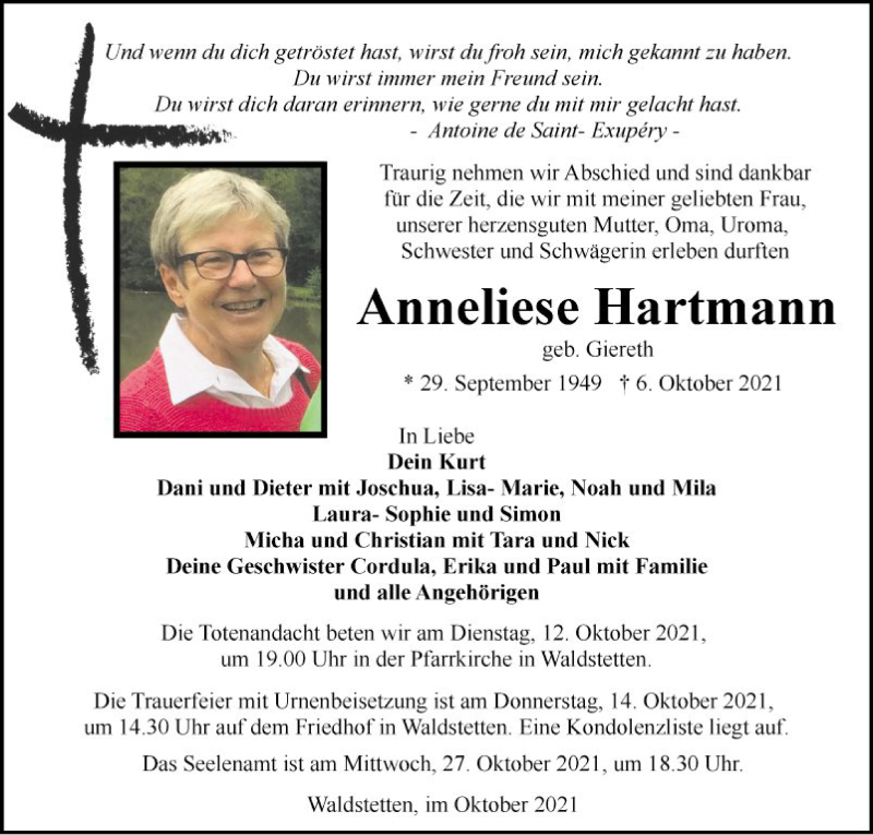  Traueranzeige für Anneliese Hartmann vom 11.10.2021 aus Fränkische Nachrichten