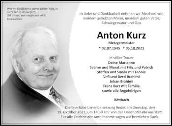 Traueranzeige von Anton Kurz von Fränkische Nachrichten