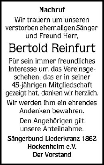 Traueranzeige von Bertold Reinfurt von Schwetzinger Zeitung
