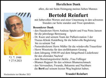Traueranzeige von Bertold Reinfurt von Schwetzinger Zeitung
