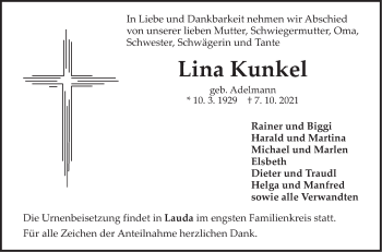Traueranzeige von Lina Kunkel 