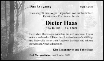 Traueranzeige von Dieter Haas von Fränkische Nachrichten