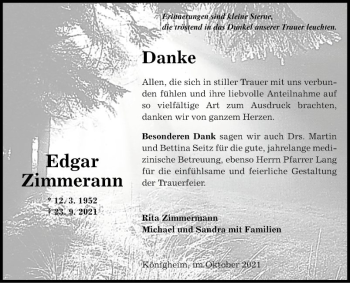 Traueranzeige von Edgar Zimmermann von Fränkische Nachrichten