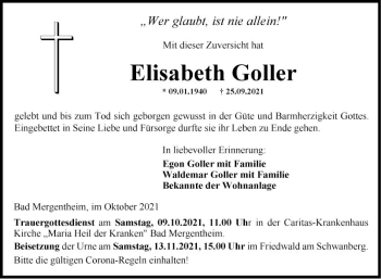 Traueranzeige von Elisabeth Goller von Fränkische Nachrichten