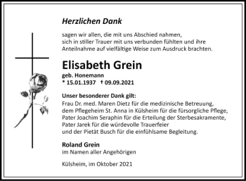 Traueranzeige von Elisabeth Grein von Fränkische Nachrichten