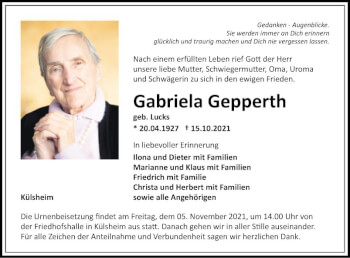 Traueranzeige von Gabriela Gepperth von Fränkische Nachrichten