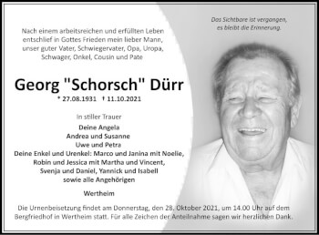 Traueranzeige von Georg Dürr von Fränkische Nachrichten