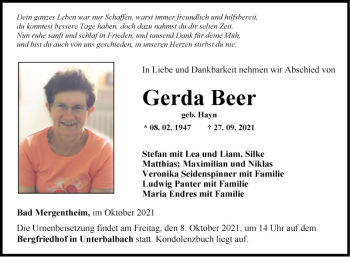 Traueranzeige von Gerda Beer von Fränkische Nachrichten