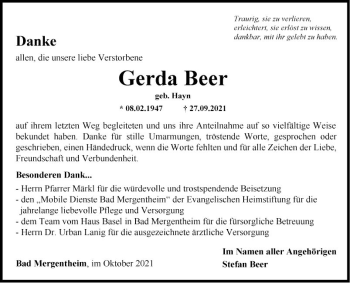 Traueranzeige von Gerda Beer von Fränkische Nachrichten