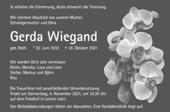 Traueranzeige von Gerda Wiegand von Bergsträßer Anzeiger