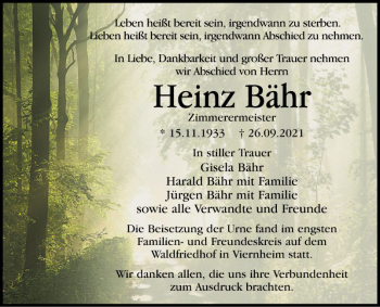 Traueranzeige von Heinz Bähr von Südhessen Morgen