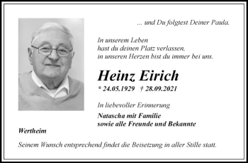 Traueranzeige von Heinz Eirich von Fränkische Nachrichten