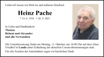 Traueranzeige von Heinz Pache von Fränkische Nachrichten