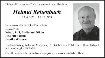 Traueranzeige von Helmut Reitenbach von Fränkische Nachrichten