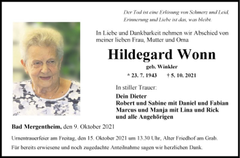 Traueranzeige von Hildegard Wonn von Fränkische Nachrichten