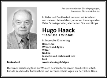 Traueranzeige von Hugo Haack von Fränkische Nachrichten
