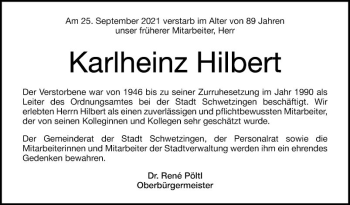 Traueranzeige von Karlheinz Hilbert von Schwetzinger Zeitung