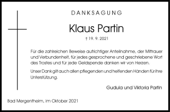 Traueranzeige von Klaus Partin von Fränkische Nachrichten