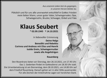 Traueranzeige von Klaus Seubert von Fränkische Nachrichten
