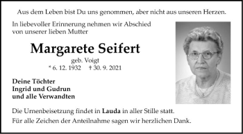 Traueranzeige von Margarete Seifert von Fränkische Nachrichten