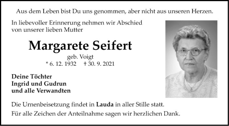  Traueranzeige für Margarete Seifert vom 11.10.2021 aus Fränkische Nachrichten