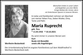 Traueranzeige von Maria Ruprecht von Fränkische Nachrichten