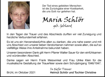 Traueranzeige von Maria Schlör von Schwetzinger Zeitung