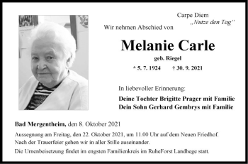 Traueranzeige von Melanie Carle von Fränkische Nachrichten