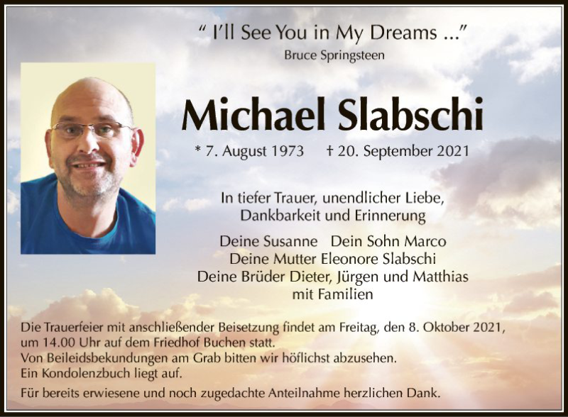 Traueranzeige für Michael Slabschi vom 02.10.2021 aus Fränkische Nachrichten