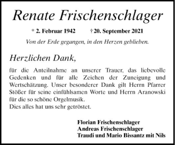 Traueranzeige von Renate Frischenschlager von Mannheimer Morgen