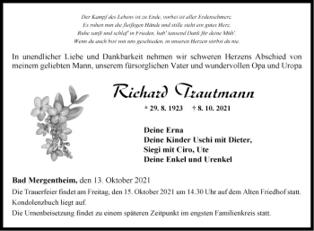 Traueranzeige von Richard Trautmann von Fränkische Nachrichten