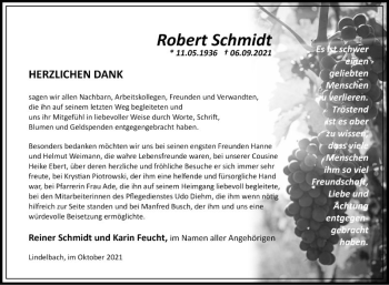 Traueranzeige von Robert Schmidt von Fränkische Nachrichten