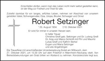 Traueranzeige von Robert Setzinger von Mannheimer Morgen
