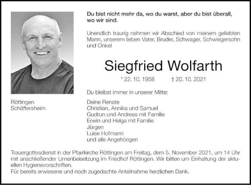  Traueranzeige für Siegfried Wolfarth vom 30.10.2021 aus Fränkische Nachrichten