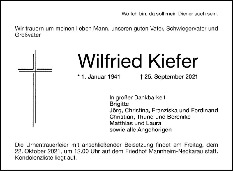  Traueranzeige für Wilfried Kiefer vom 02.10.2021 aus Mannheimer Morgen