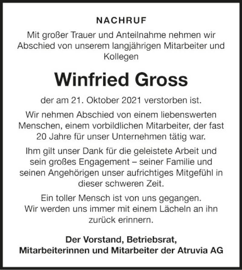  Traueranzeige für Winfried Gross vom 30.10.2021 aus Fränkische Nachrichten