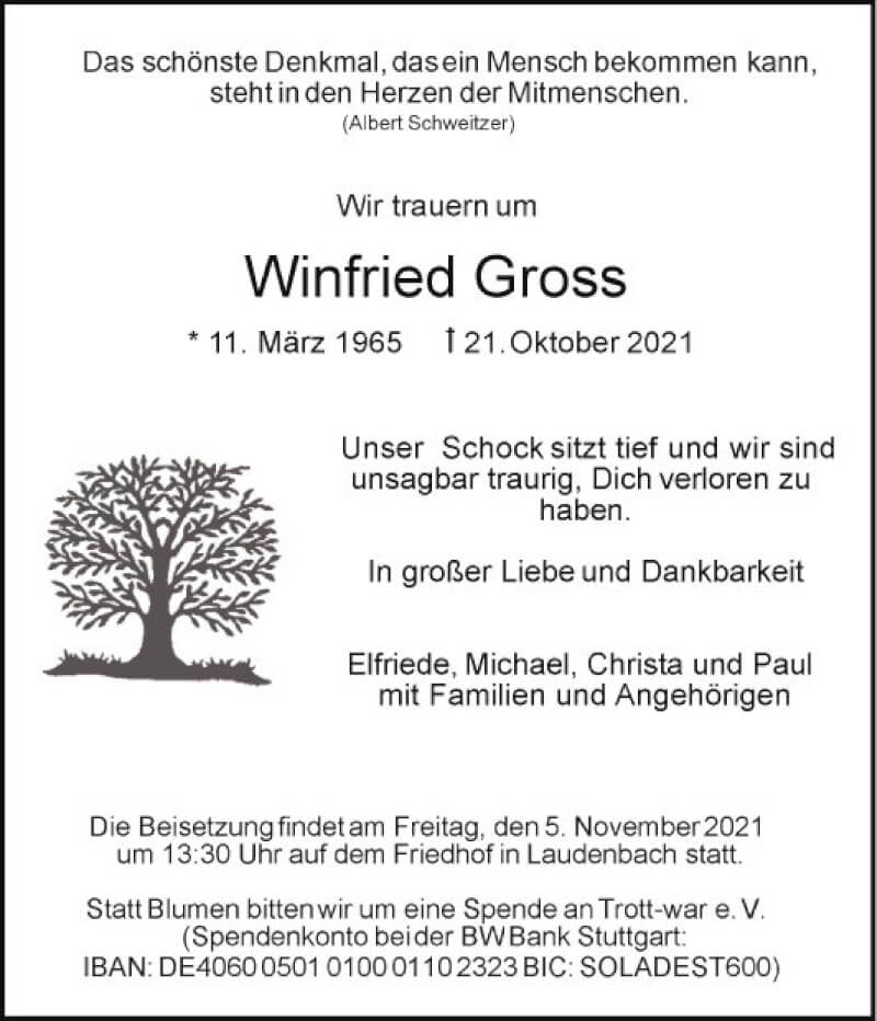  Traueranzeige für Winfried Gross vom 30.10.2021 aus Fränkische Nachrichten