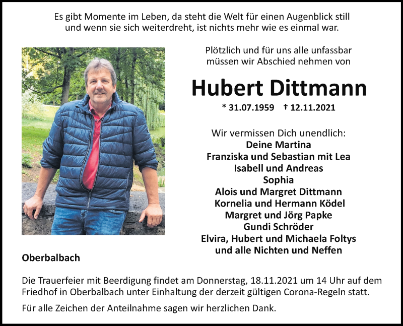  Traueranzeige für Hubert Dittmann vom 17.11.2021 aus 