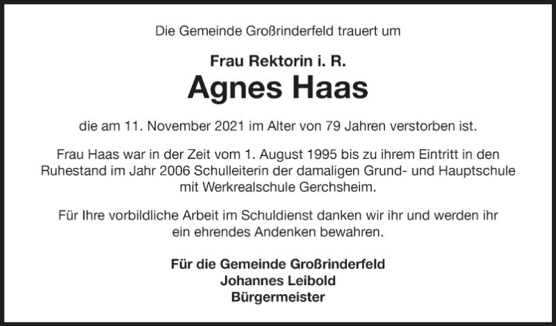  Traueranzeige für Agnes Haas vom 17.11.2021 aus Fränkische Nachrichten