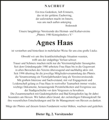 Traueranzeige von Agnes Haas von Fränkische Nachrichten