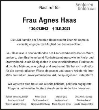 Traueranzeige von Agnes Haas von Fränkische Nachrichten