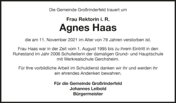 Traueranzeige von Agnes Haas von Fränkische Nachrichten