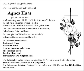 Traueranzeige von Agnes Haas von Fränkische Nachrichten