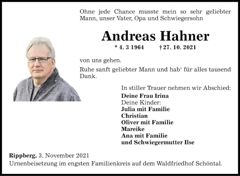  Traueranzeige für Andreas Hahner vom 03.11.2021 aus Fränkische Nachrichten