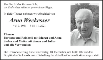 Traueranzeige von Arno Weckesser von Fränkische Nachrichten