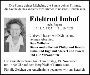 Traueranzeige von Edeltrud Imhof von Fränkische Nachrichten