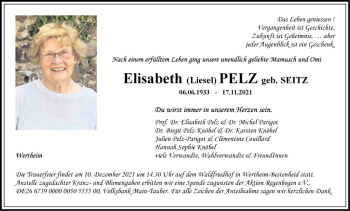 Traueranzeige von Elisabeth  Pelz von Fränkische Nachrichten